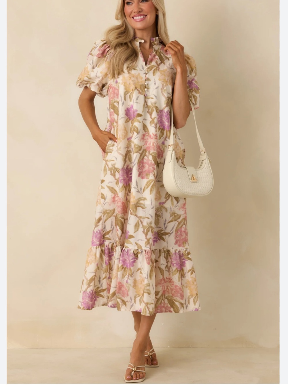 New Ivory Cream Floral Tiered Maxi Dress with Victorian Ruffle Collar